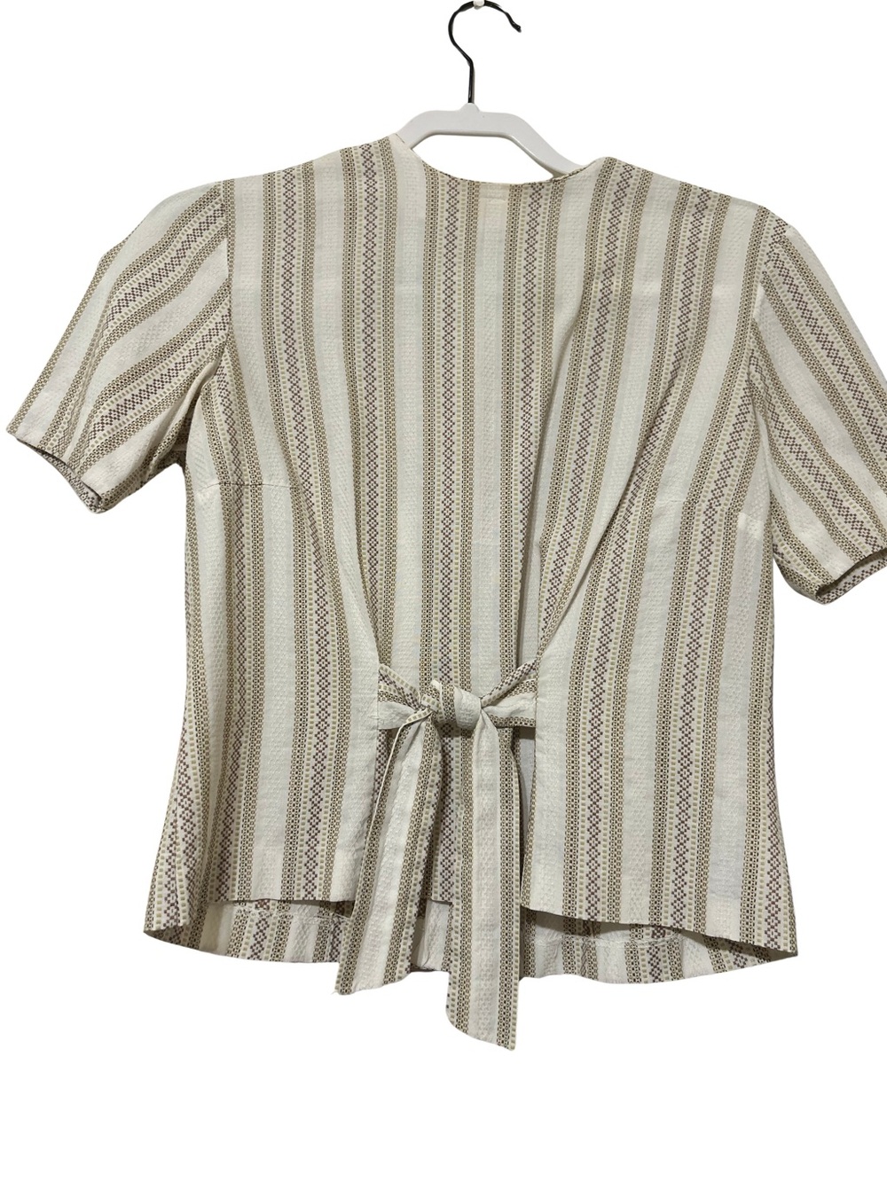 Striped Tie-Back Short Sleeve Blouse in Cream and Tan